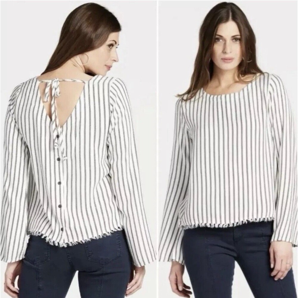 Anthropologie CLOTH & STONE Women’s Button Back Blouse Top M Medium White Stripe